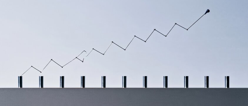 Financial graph uptrend showing a line chart made of thread and metal pins on a blue surface with copy space for business banners