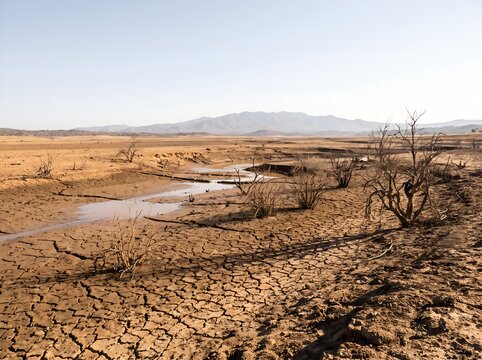 Cracked dry earth and dried up river bed with bare trees under a clear sky during drought
