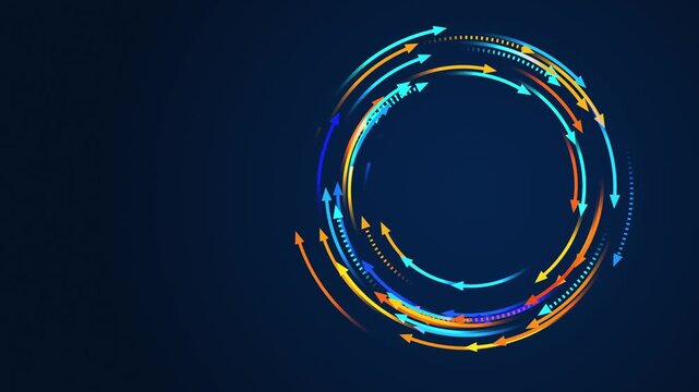 A swirl of gradient lines with arrowhead in blue, orange and similar hues appearing and rotating on a dark blue gradient background, Elegant, futuristic design with glowing curves. Copy space