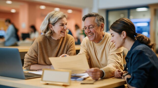 Senior couple and financial advisor reviewing a document at a wooden bank desk, natural and warmhearted for retirement planning and banking, copy space