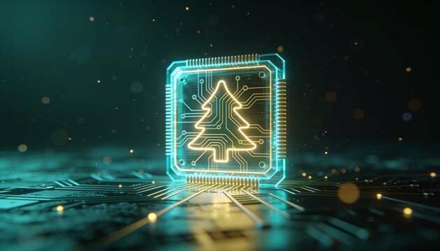 Glowing translucent AI processor chip with circuit lines forming Christmas tree silhouette, cyan and gold light, dark background with floating particles, minimal tech holiday 3D render