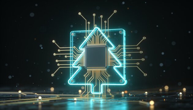 Glowing translucent AI processor chip with circuit lines forming Christmas tree silhouette, cyan and gold light, dark background with floating particles, minimal tech holiday 3D render