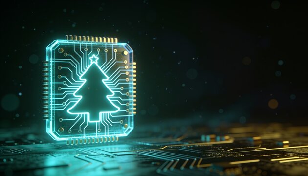 Glowing translucent AI processor chip with circuit lines forming Christmas tree silhouette, cyan and gold light, dark background with floating particles, minimal tech holiday 3D render