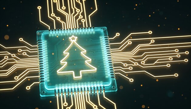 Glowing translucent AI processor chip with circuit lines forming Christmas tree silhouette, cyan and gold light, dark background with floating particles, minimal tech holiday 3D render