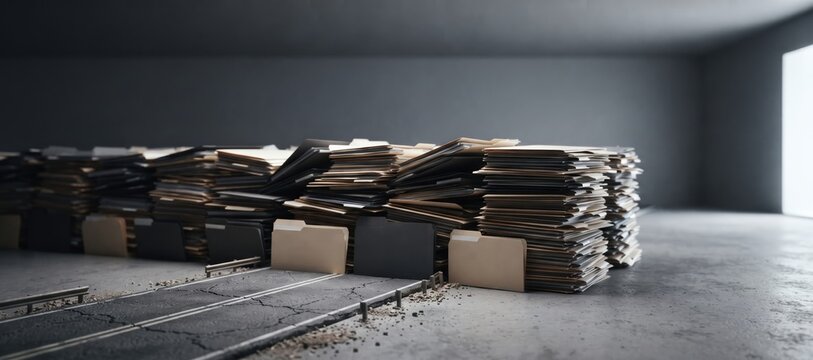 Plain folders stacked into a wall in a minimalist office setting