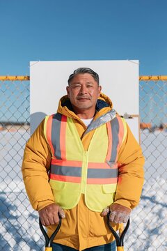 Safety vest worn by a weathered groundskeeper standing by a blank sign and clipboard in the snow, mockup for facility management