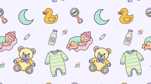 Seamless animated horizontal panning pattern of newborn baby items, sleeping infant, and nursery toys