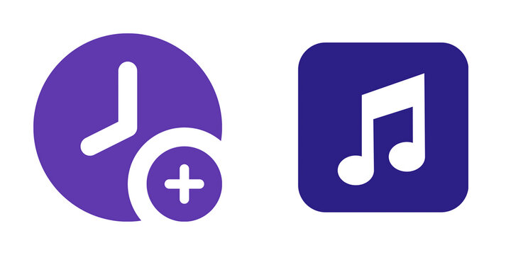 Music and clock add icons with plus symbol on transparent background