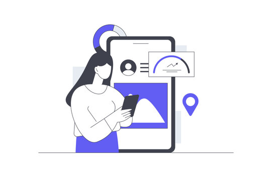 Global Performance Mobile Analytics User Account Speedometer Dashboard. Female  Holding Phone near Smartphone Screen Displaying Profile Avatar Performance Map Pin. Flat Cartoon Vector Illustration