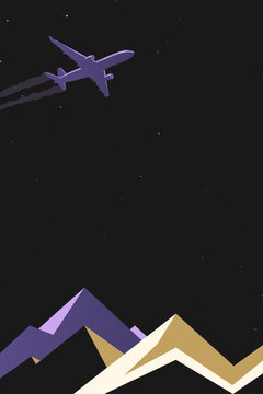 Airplane flying over mountains under starry night, vector travel background with copy space