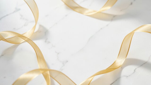 ethereal golden ribbons floating background on white marble for elegant luxury branding advertising mockup