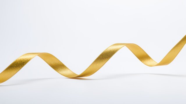 shimmering gold ribbon fluttering gracefully mid air on white surface for luxury advertisement copy space