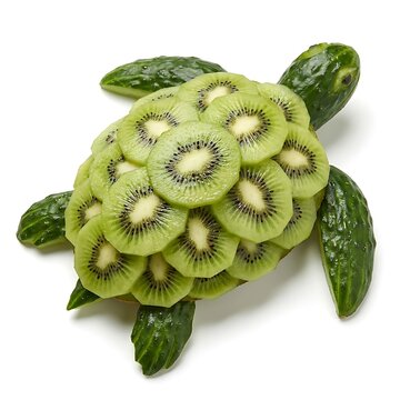 Turtle art arrangement created with green kiwi slices and cucumber flippers isolated on white background stock image