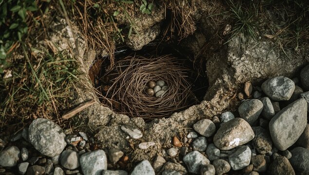 A bird's nest situated on a rock in the woods, surrounded by foliage and branches