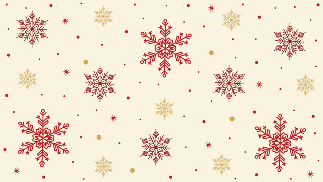 Elegant christmas background with red and gold line art snowflakes pattern on light cream ivory background