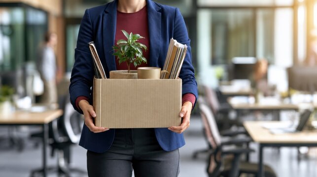 Businesswoman in a blue blazer carrying a cardboard box with a plant, mug and office files, employee layoff and career change concept