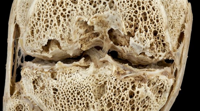 Close-up view of human bone tissue showing a porous, spongy structure, highlighting the intricate network of trabeculae and marrow spaces, concept of human anatomy and skeletal health.