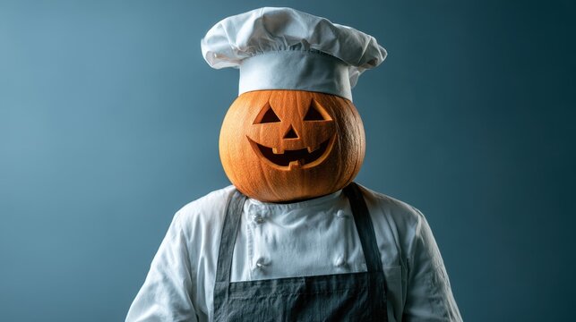 Surreal Halloween chef with a smiling carved pumpkin head, white chef hat and apron against a blue background with copy space