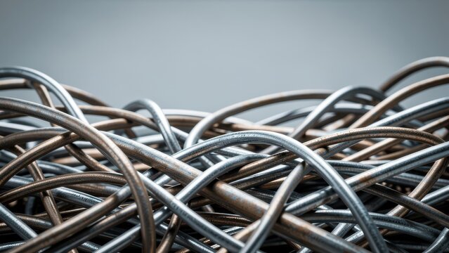 abstract metallic wire tangle background close up industrial texture cool toned for premium design and text overlay