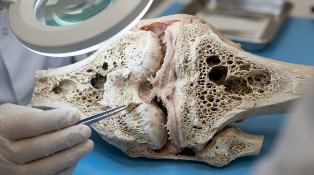 Medical professional in white gloves examining a human knee joint bone structure with tweezers under a magnifying lamp, showing porous and complex bone tissue, concept of medical research and educatio
