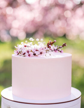 Pale pink celebration cake with delicate cherry blossoms, edible flowers and graceful flowering branches, smooth pastel frosting, tasty dessert, sweet food. Close-up.