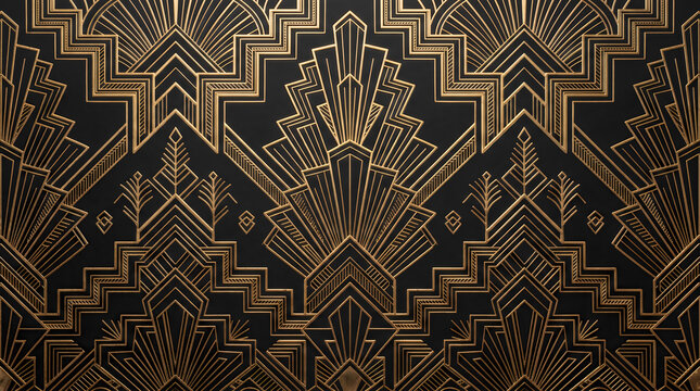 Elegant art deco pattern with geometric gold lines on a dark black background texture