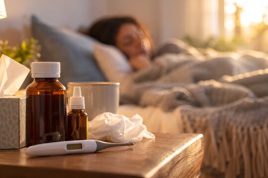 Sick woman resting in bed with cold medicine and thermometer on table