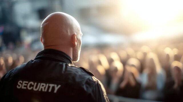 A bald security guard, seen from behind, stands against a backdrop of a crowd bathed in warm light. Concept for security, control, and protection at a mass event
