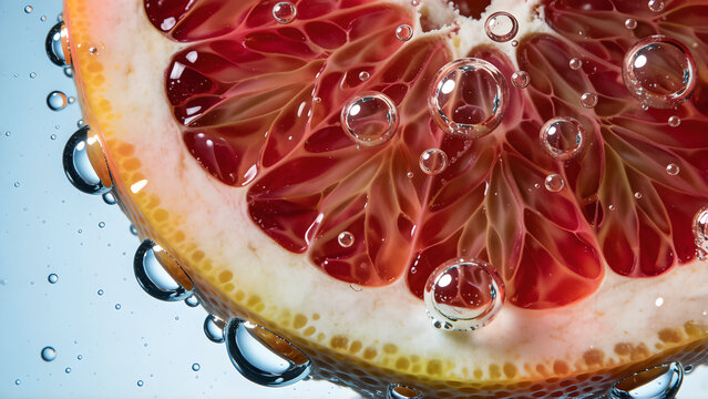 Fresh grapefruit slice submerged in carbonated water with sparkling bubbles and refreshing citrus texture.