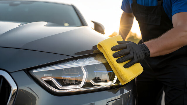 Professional worker cleaning and polishing a modern luxury car headlight with yellow microfiber cloth.