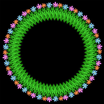 Colorful Floral Circle Frame with Rainbow Blossoms and Bright Green Decorative Inner Ring