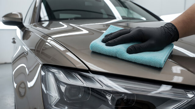 Professional car detailing specialist polishing the hood of a modern luxury vehicle.