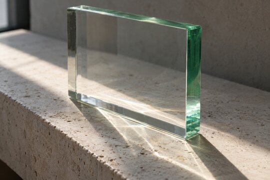 Thick clear glass block standing on a pale stone sill, bending a strip of window light into bright reflections and green edge refraction