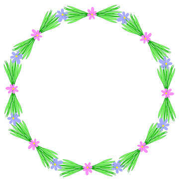 Delicate Circular Floral Wreath with Soft Green Leaves and Pink Purple Blossoms on White