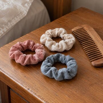 Three plain fabric scrunchies beside a worn wooden comb on a dressing table, offering soft everyday accessories for a home hair care routine