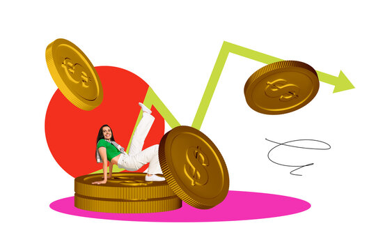 3D photo collage template artwork composite of cash currency economy trade finance business goal target success charts young woman dance