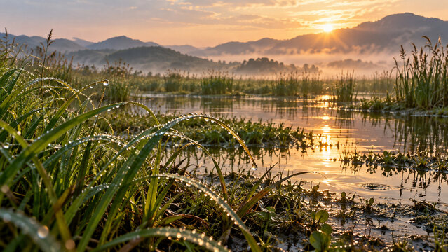 湿原の草葉についた露の近景