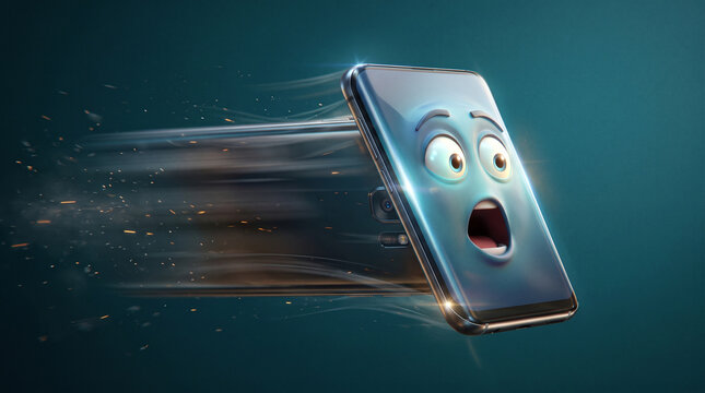 Cute smartphone character with funny surprised facial expression racing extremely fast with motion blur