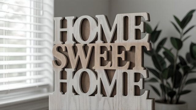Wooden home sweet home decorative sign inside a modern bright living room setting.