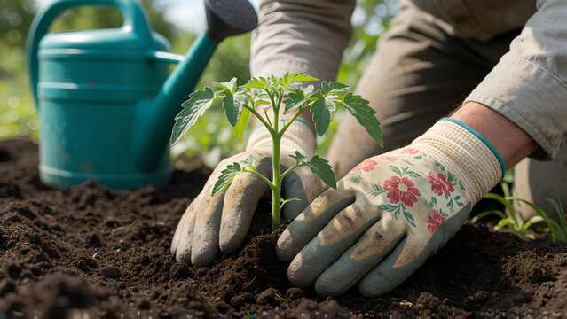 Gardener wearing floral gloves planting a young tomato seedling into rich dark soil.