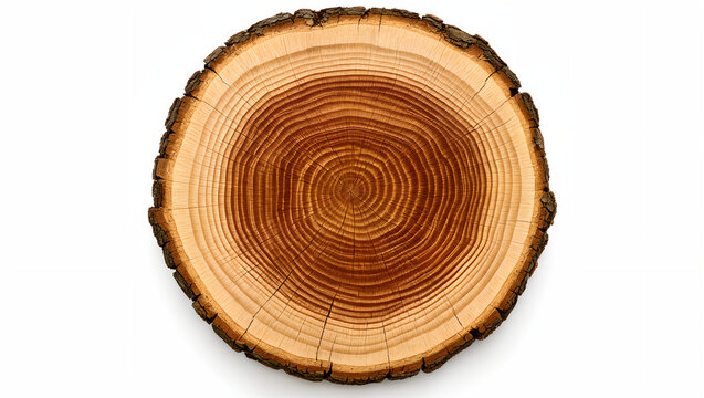 Cross section of a tree trunk showing detailed annual growth rings and bark texture.