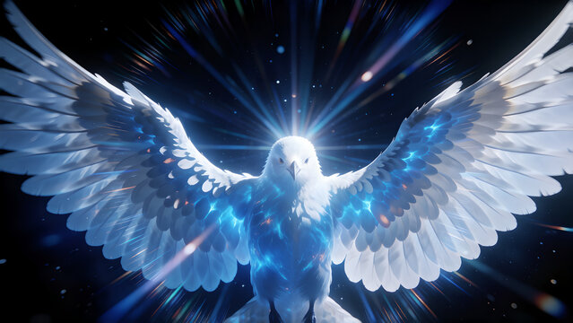 Majestic white eagle spreading wings with glowing blue energy and celestial light rays.