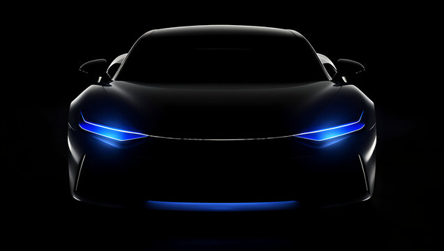 Modern luxury electric car front view with glowing blue headlights in dark background.