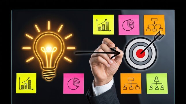 Hand a black arrow on a glass board with a glowing yellow lightbulb and colorful sticky notes featuring business charts and a target symbol