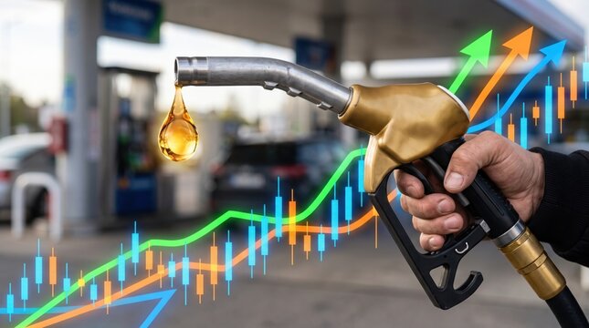 Hand holding a metal gasoline fuel nozzle with a golden liquid drop at a gas station overlayed with glowing neon stock market financial growth charts and upward trending arrows