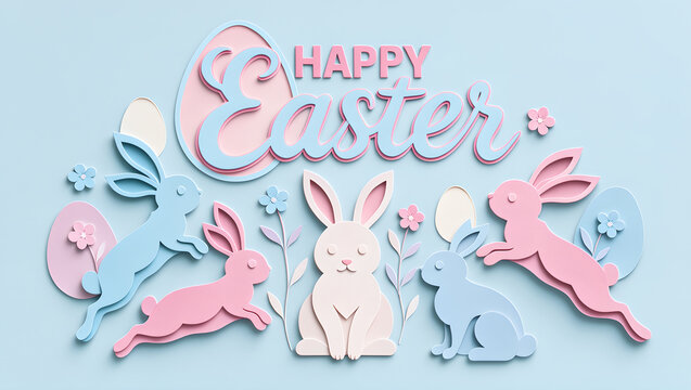 Happy Easter greeting card design with paper craft rabbits and colorful eggs.