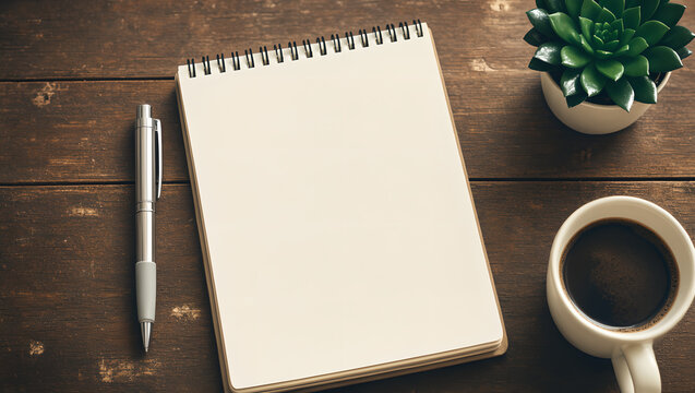 Open spiral notebook with pen and coffee on a rustic wooden desk surface.