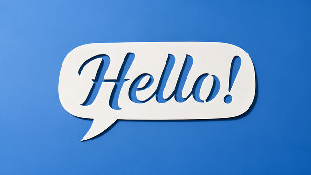 Paper cut speech bubble with hello greeting on a vibrant blue background.