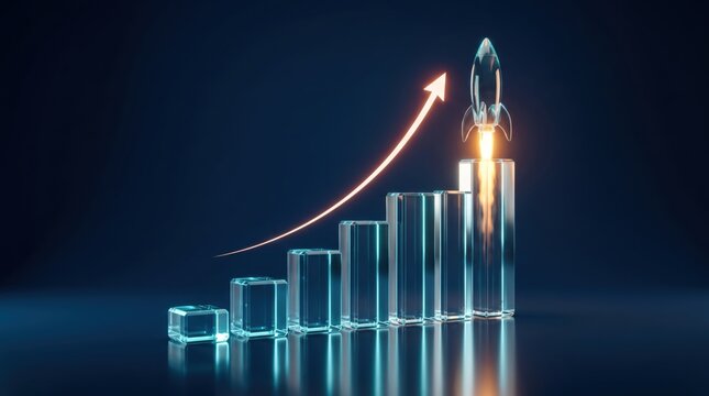 Transparent glass rocket launching upward from a rising bar chart made of crystal blocks with a glowing orange arrow trajectory against a dark blue background