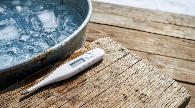 White digital thermometer resting on rustic wooden planks beside a metal tub filled with melting ice water under bright daylight